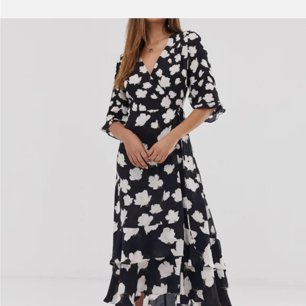 All Saints Black Wrap Dress with V-Neck and Bishop Sleeves